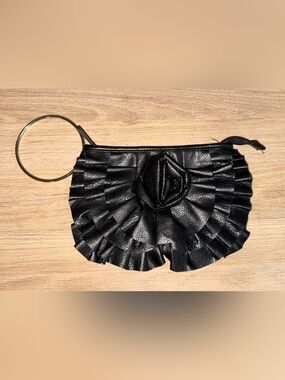 GENUINE LEATHER Gorgeous Black Ruffled Wristlet Clutch.